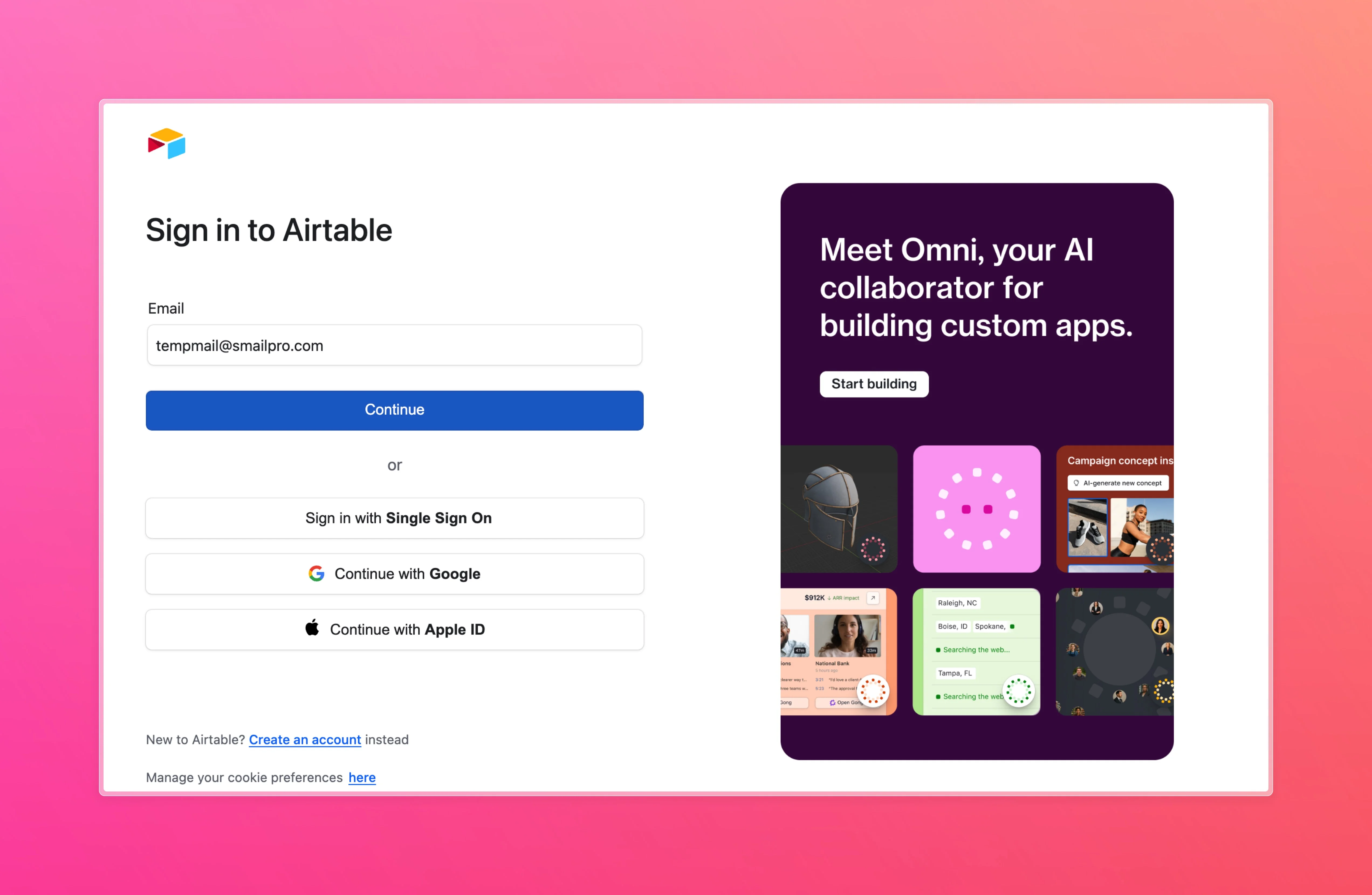 Giao diện đăng nhập và đăng ký tài khoản Airtable