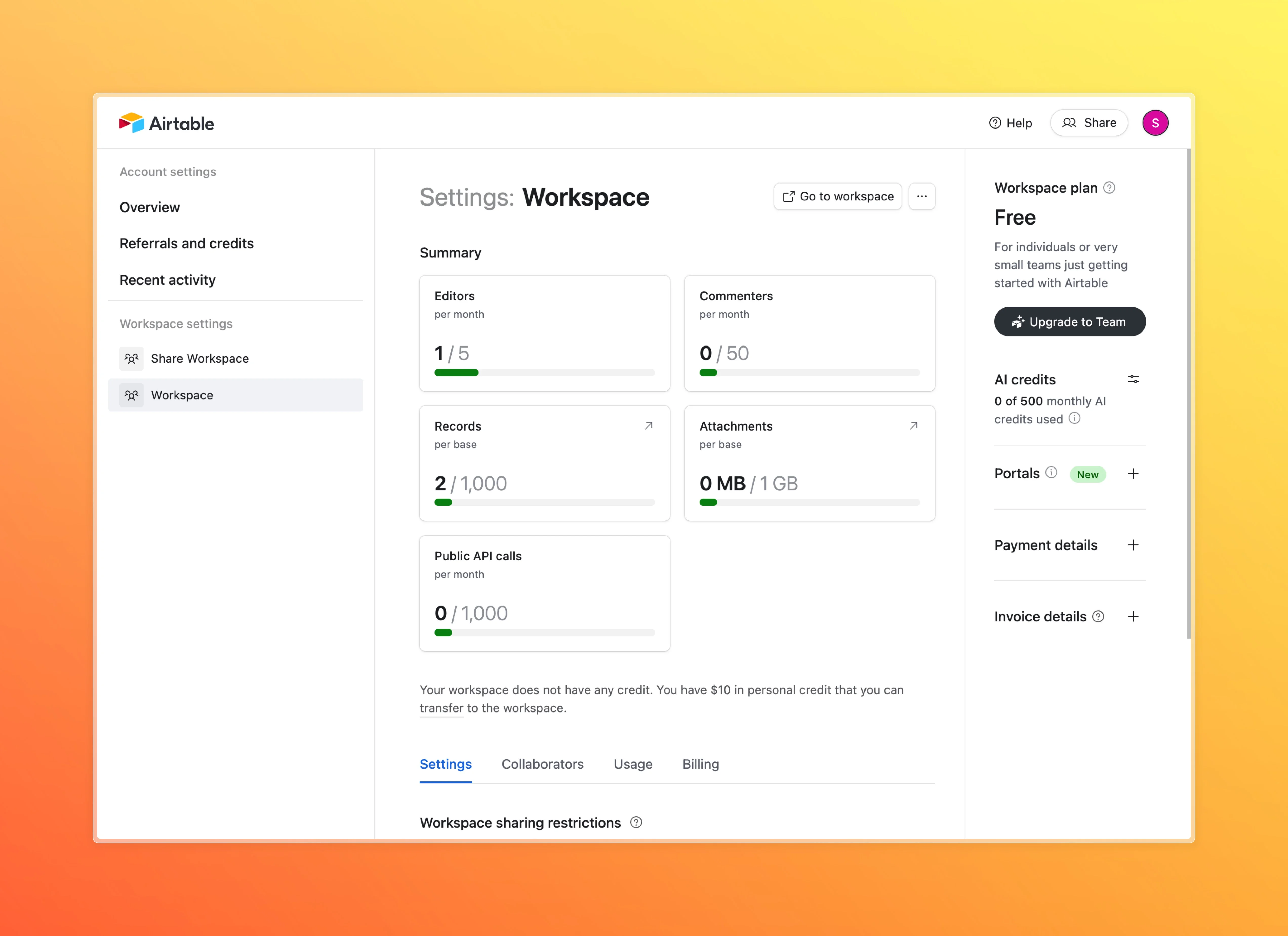 Trang giới hạn sử dụng free plan của Airtable
