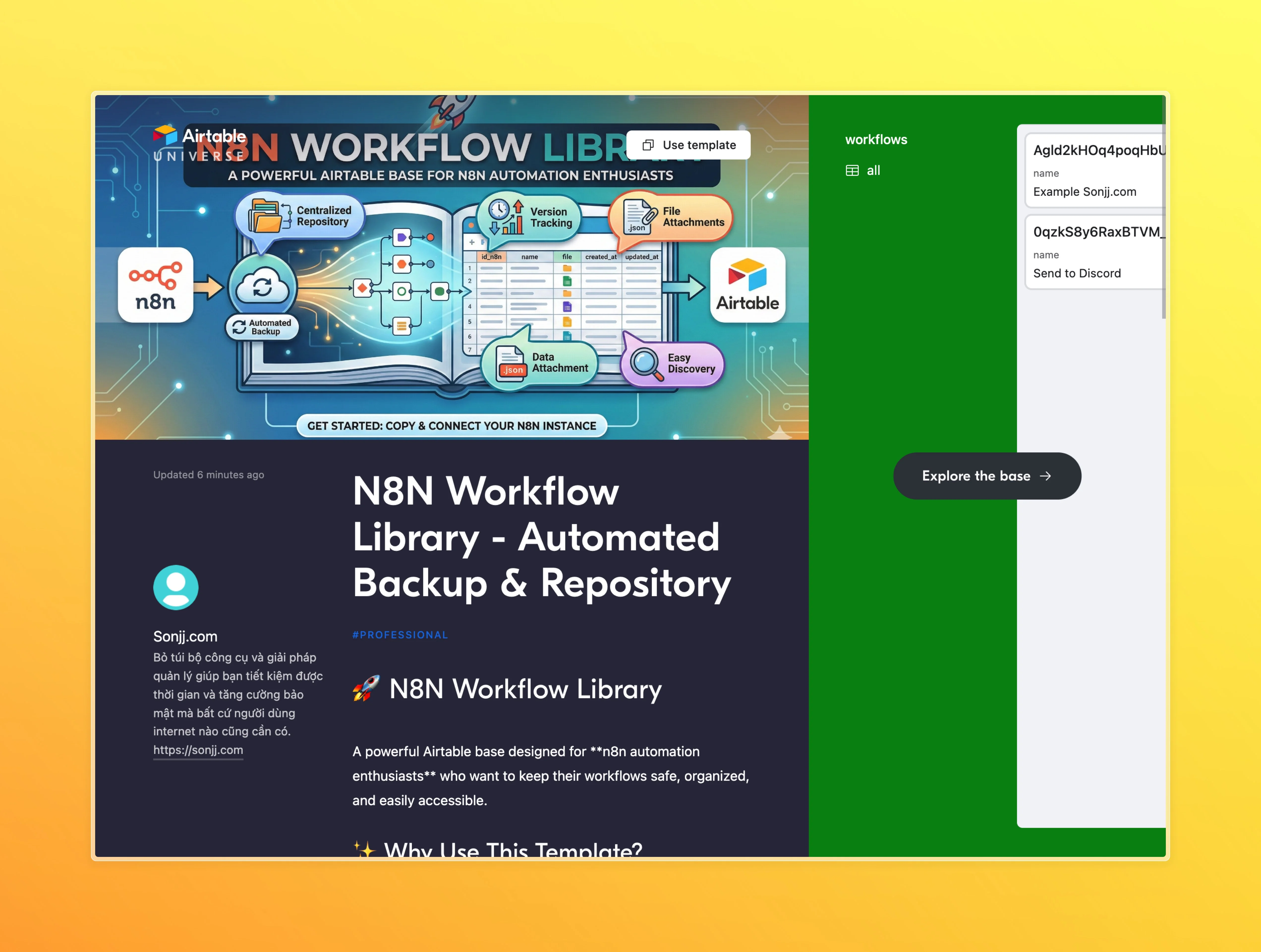 Template Airtable Backup N8N trên Airtable Universe với cấu trúc bảng và dữ liệu mẫu