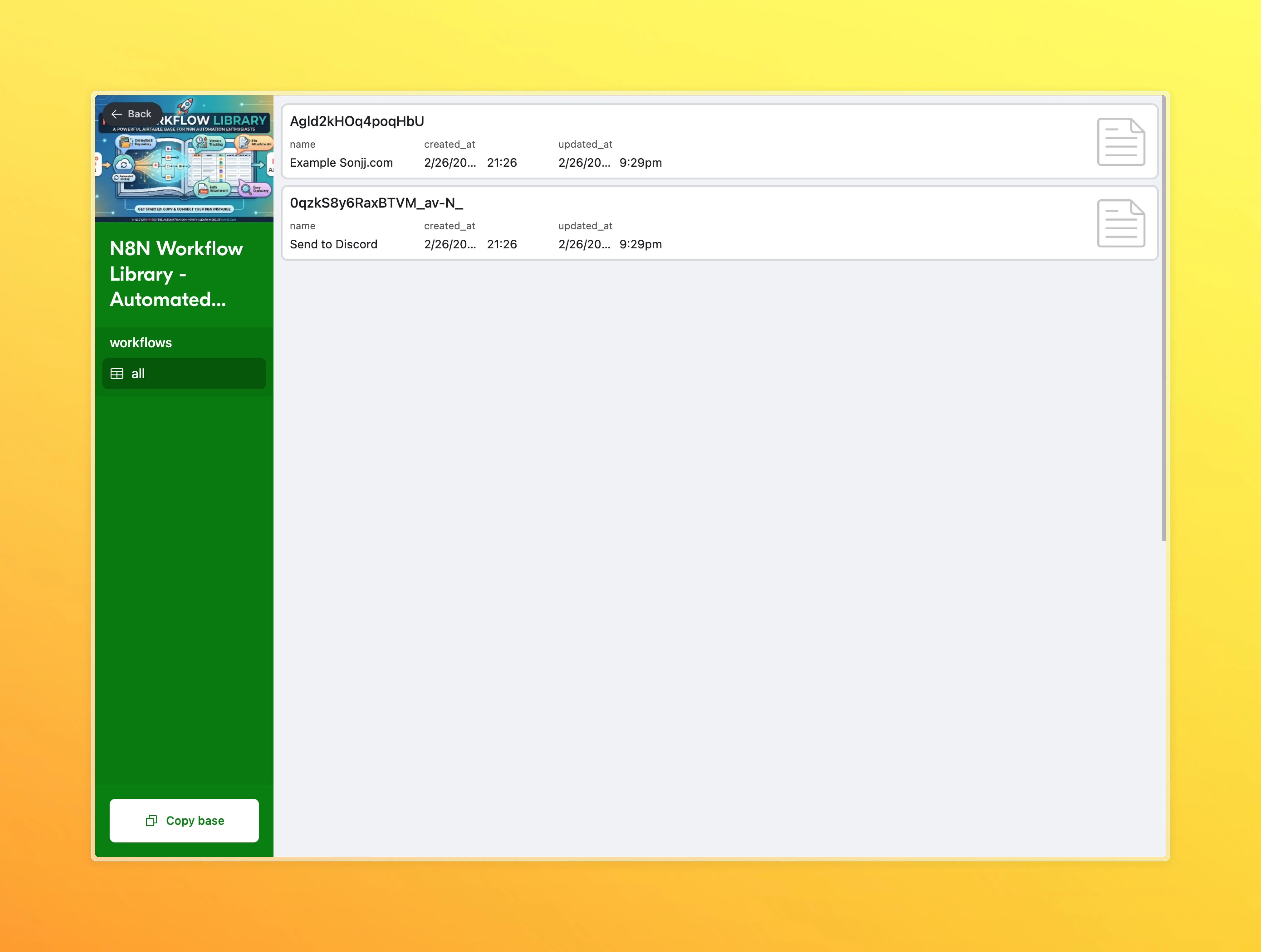 Xem chi tiết base Backup N8n và vị trí nút Copy base ở góc phải