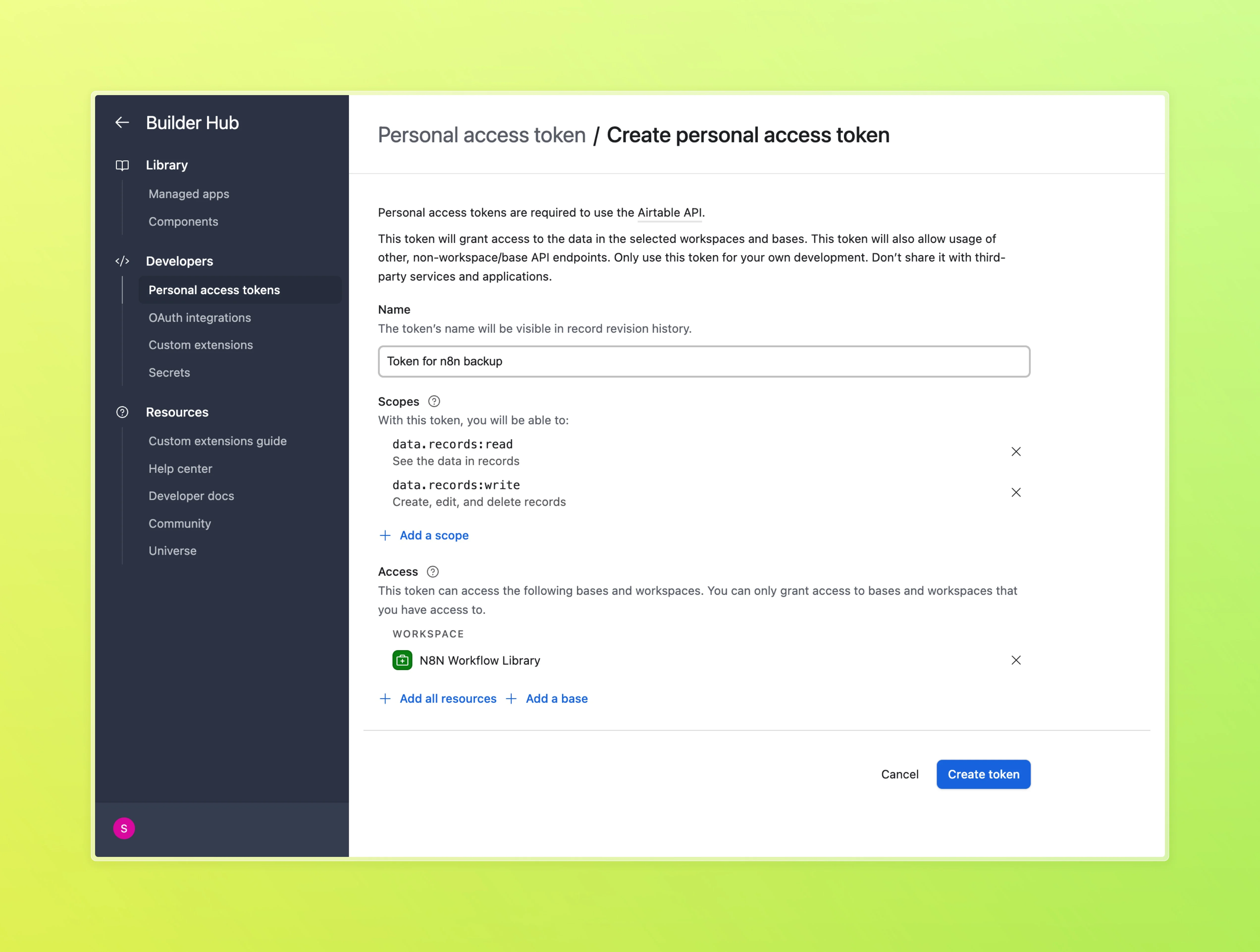 Form tạo Personal Access Token trên Airtable Developer Hub với các trường tên, scope và base