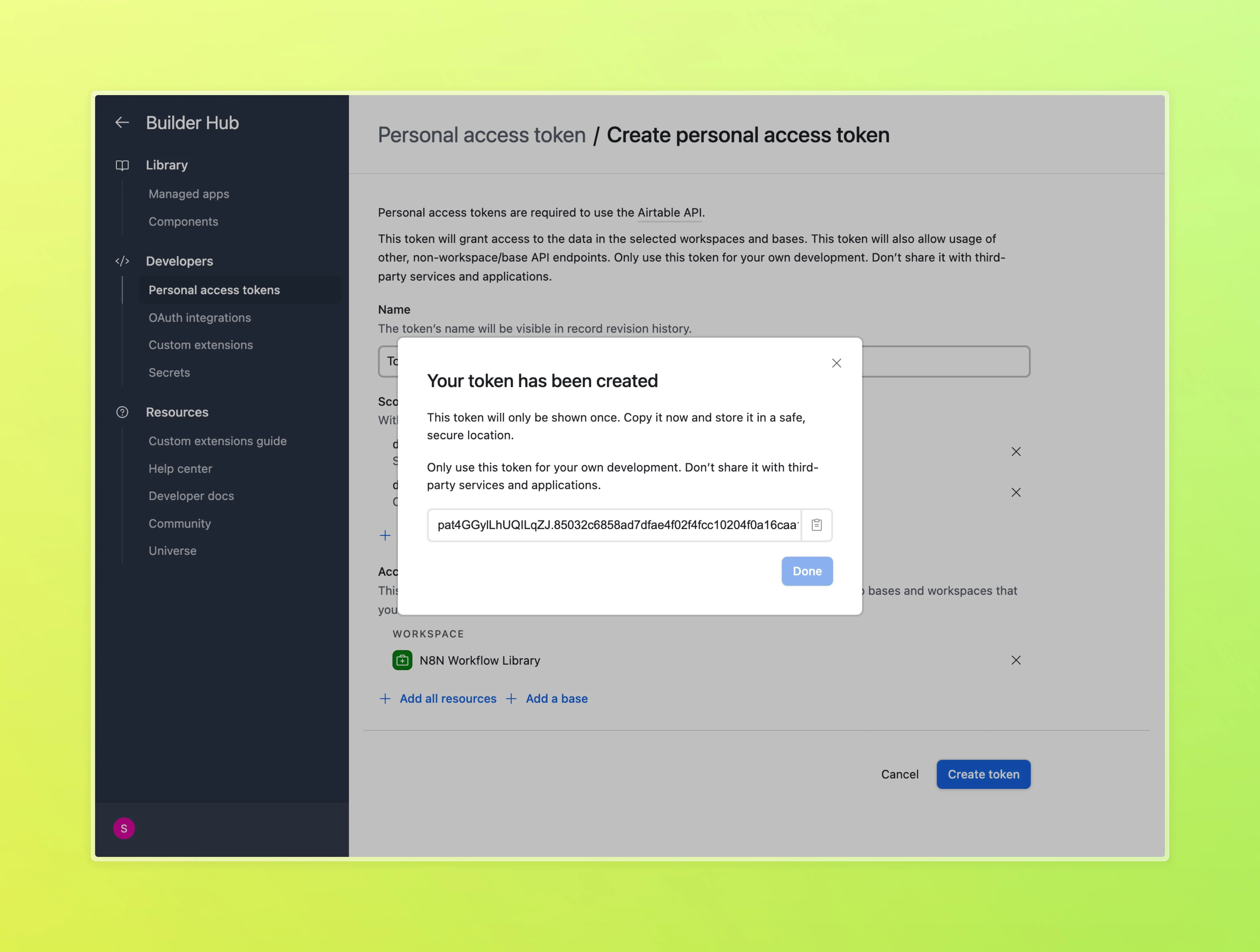 Màn hình hiển thị Personal Access Token sau khi tạo — chỉ hiện một lần duy nhất
