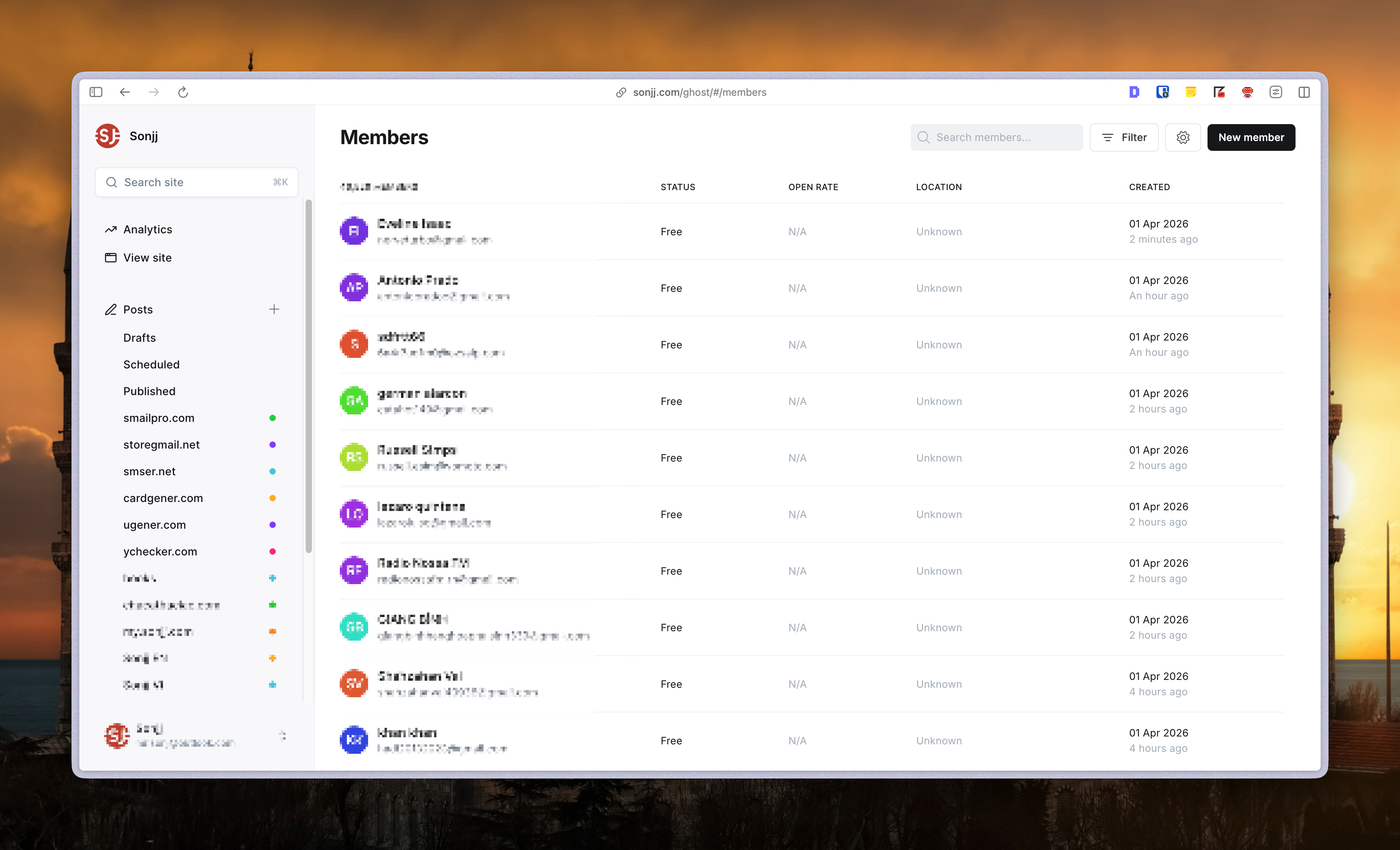 Ghost admin dashboard showing member management