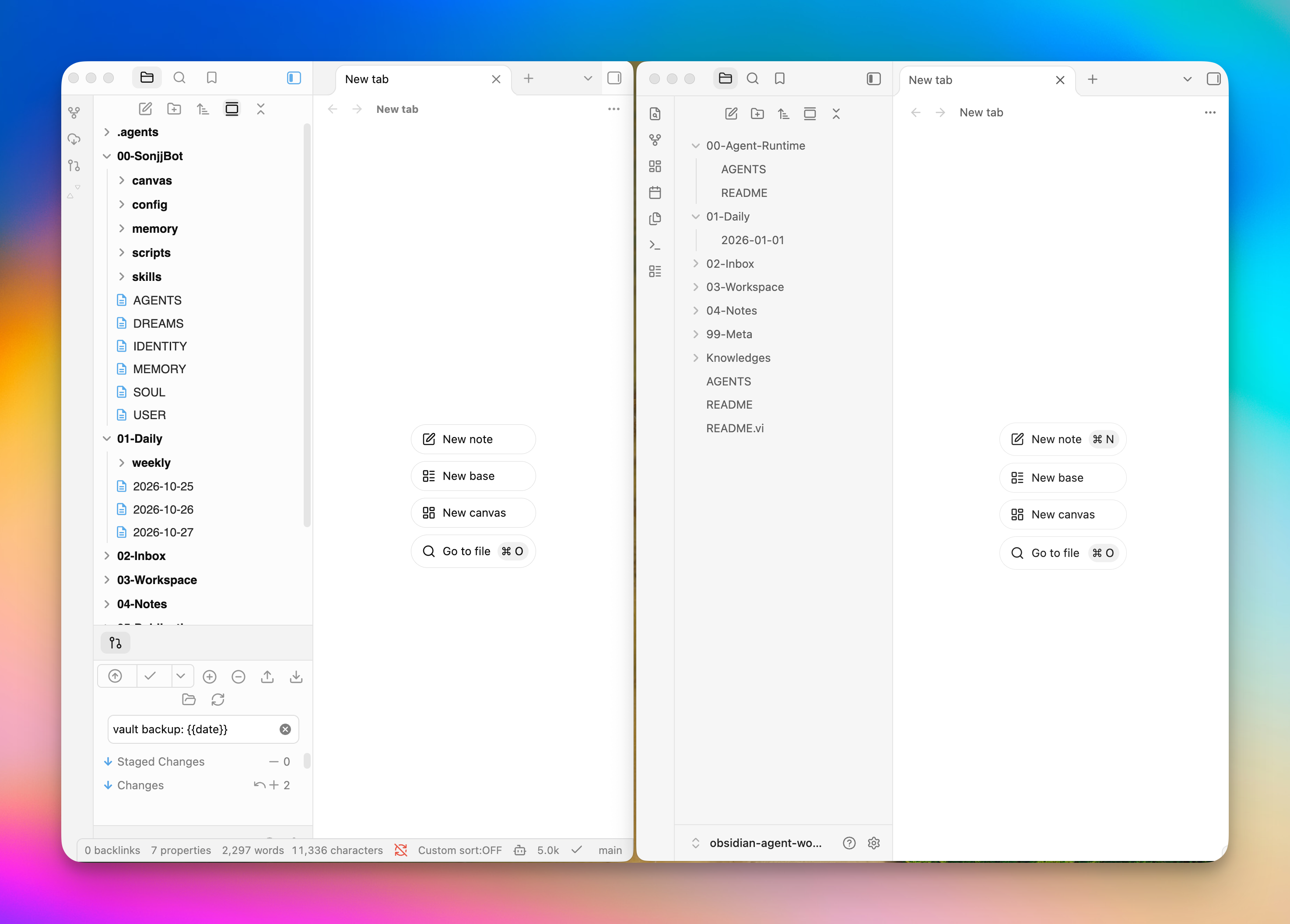 Two Obsidian folder trees side by side: my working MyMind vault and the public template skeleton