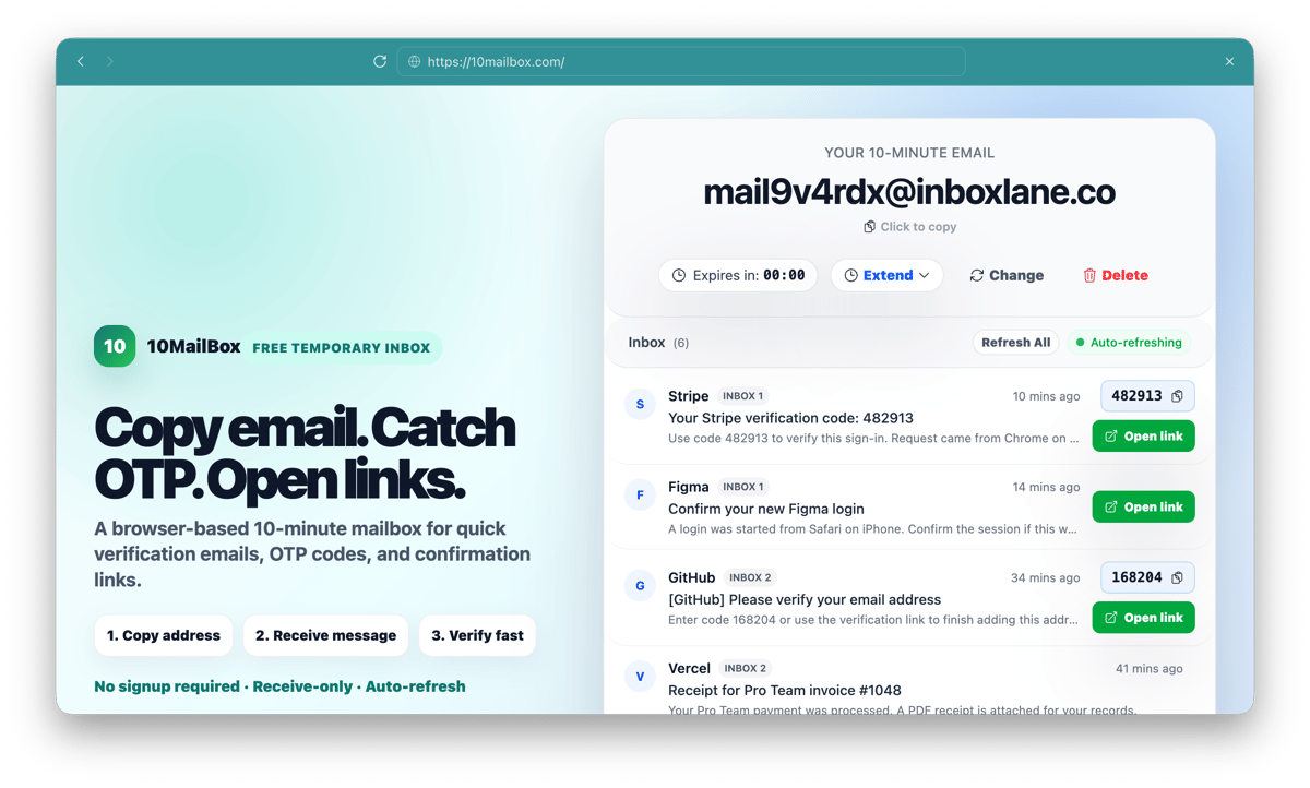 10MailBox temporary email FAQ