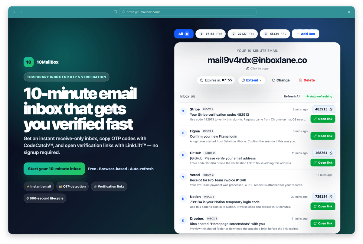 10MailBox 10-minute email inbox tool