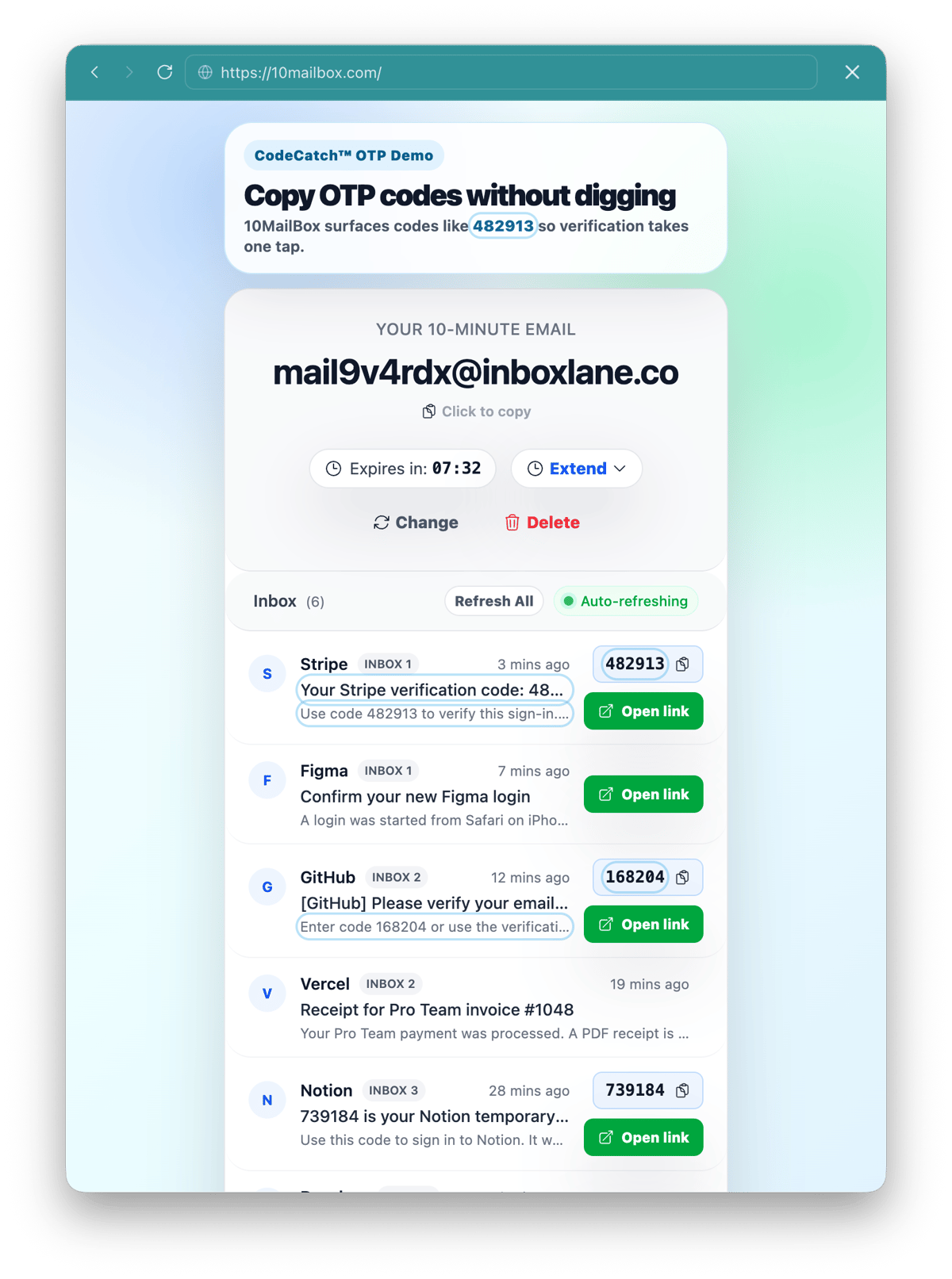 10MailBox CodeCatch OTP inbox on mobile