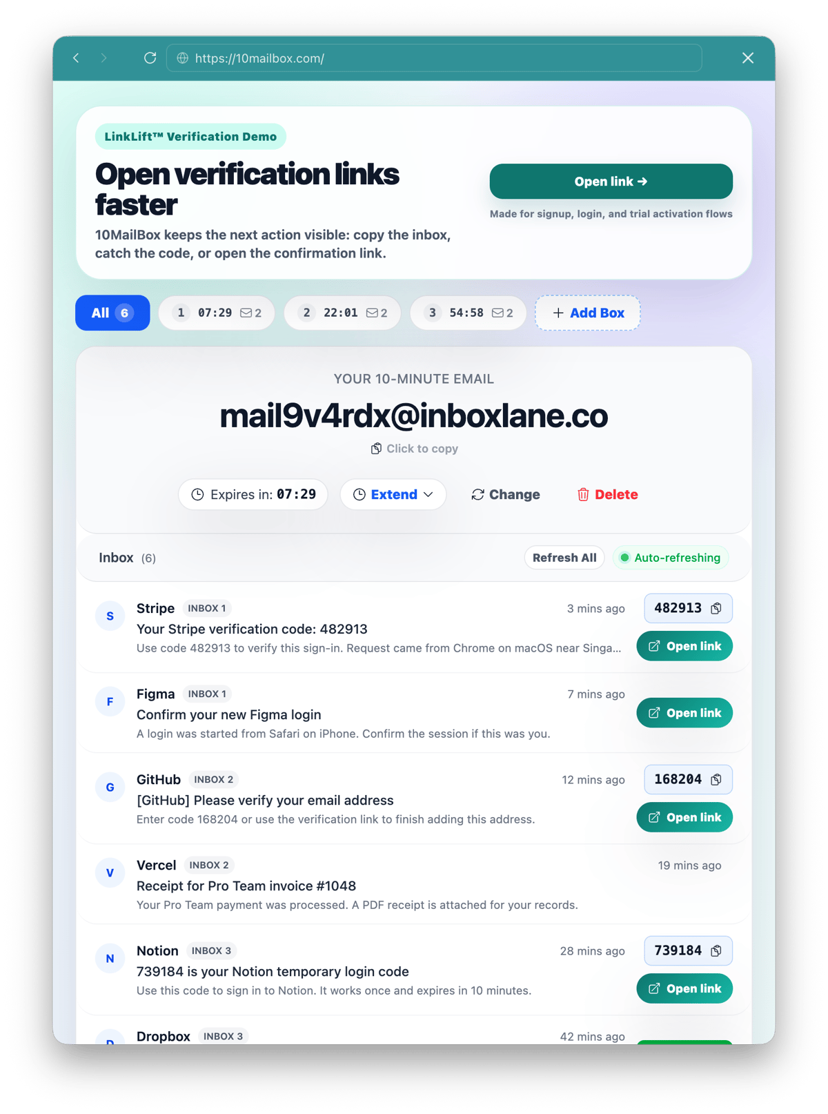 10MailBox LinkLift verification links on tablet