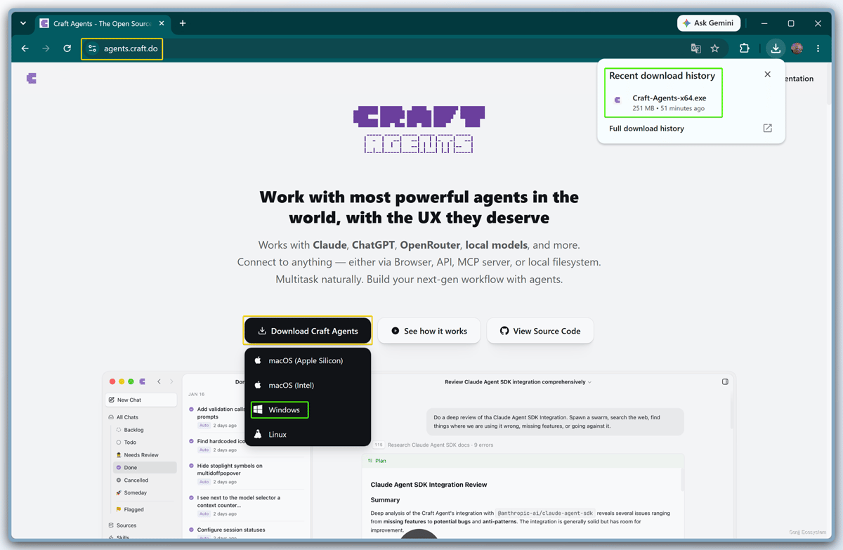 The official Craft Agents page with the download button, Windows option, and Craft-Agents-x64.exe in the download history