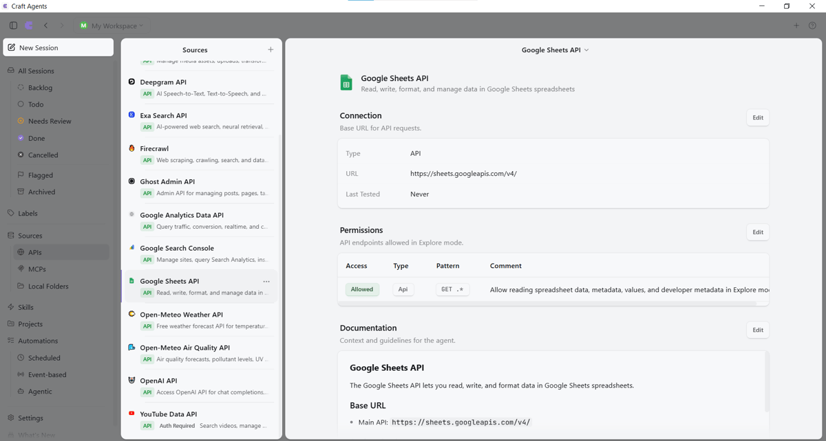 Craft Agents interface displaying connected API sources