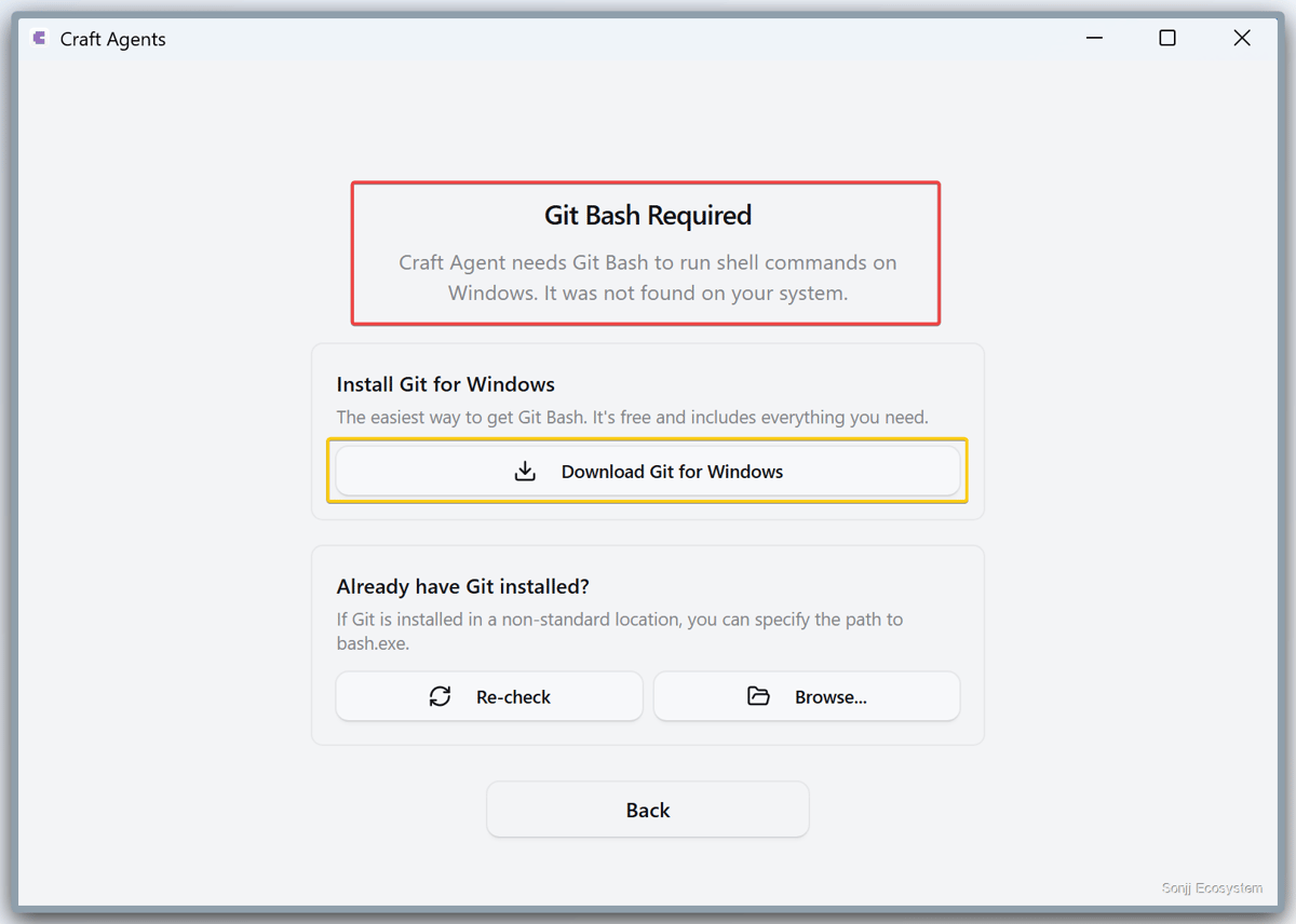 Craft Agents displaying a Git Bash Required error with a button to download Git for Windows