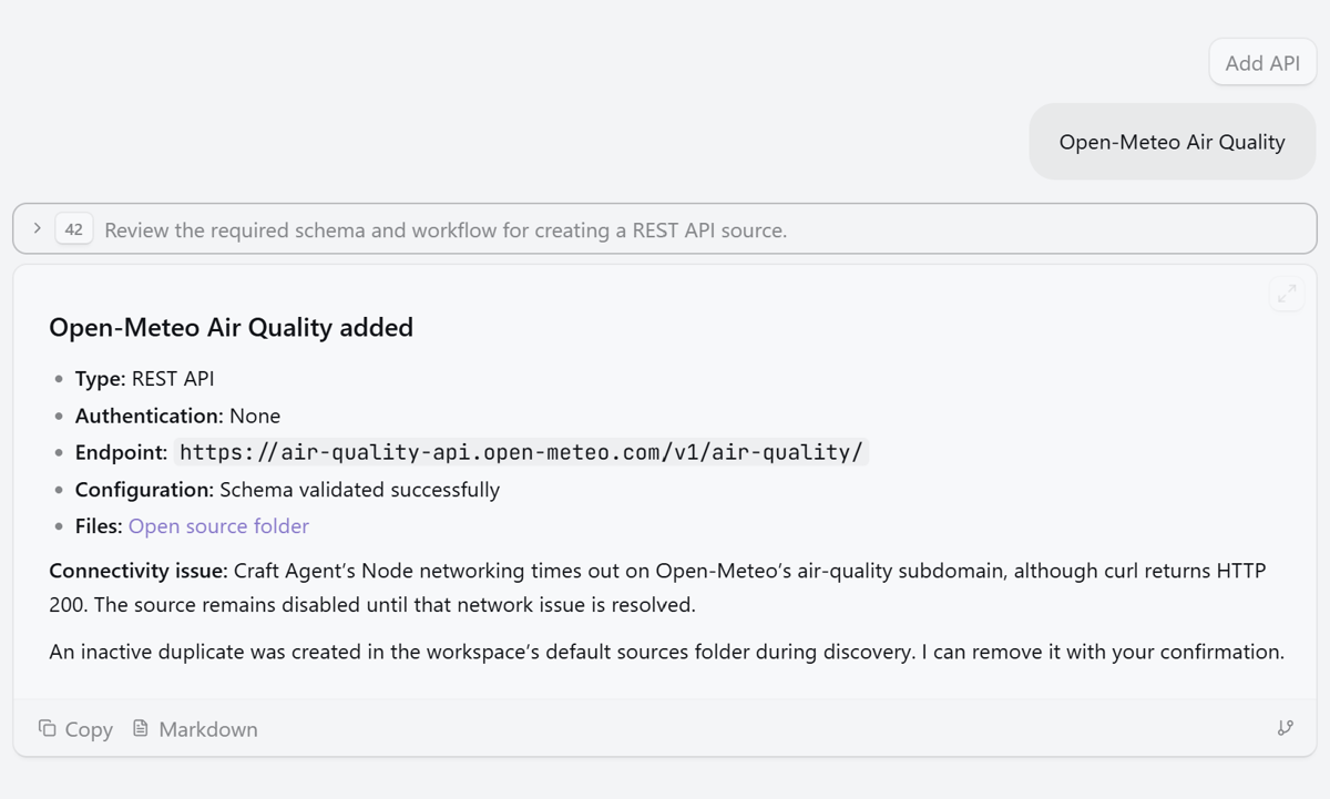 Adding a new API source via conversation in Craft Agents