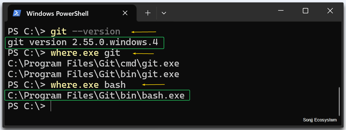 A Windows PowerShell window showing successful results for git --version and where.exe bash