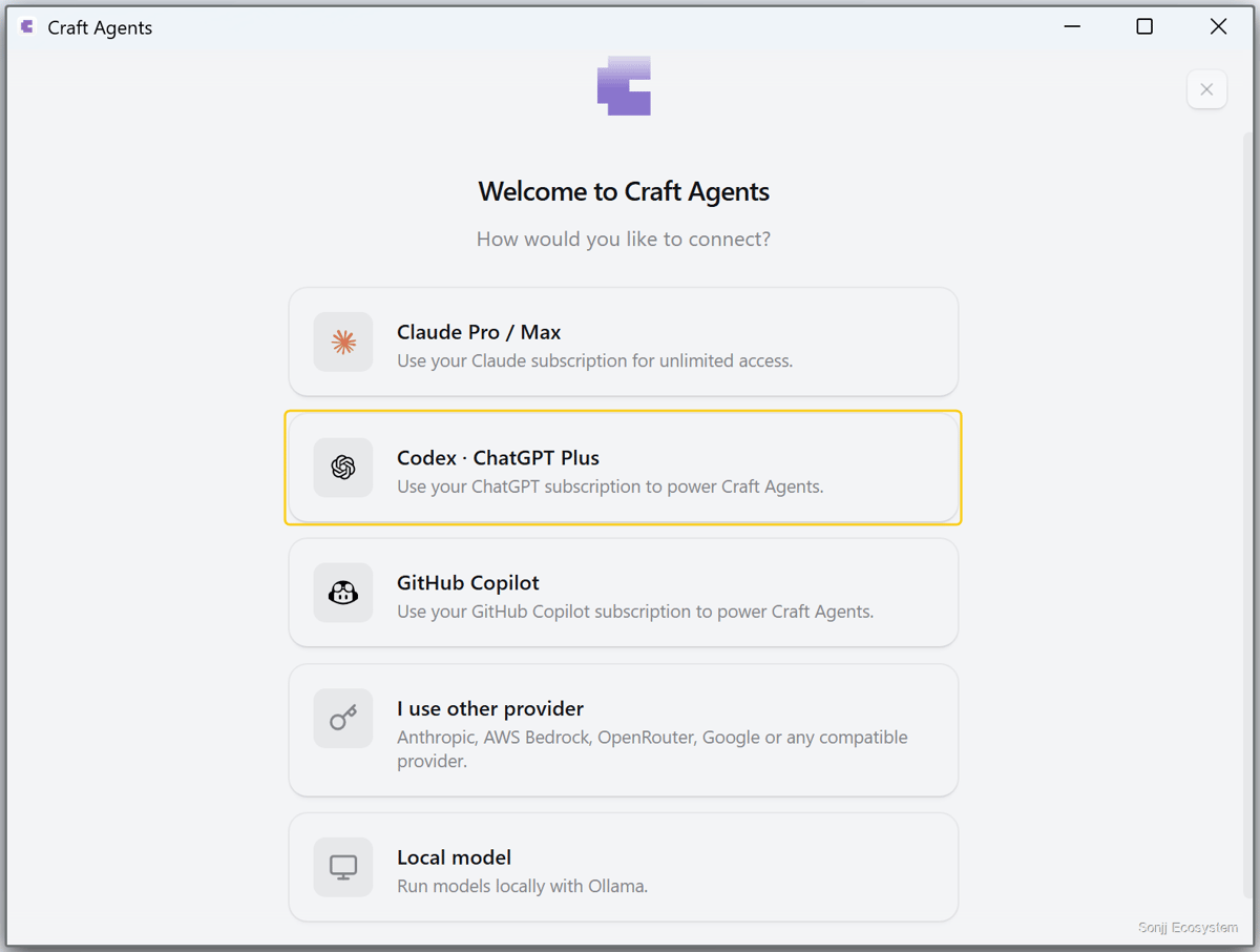 The Craft Agents welcome screen with five connection options, with Codex and ChatGPT Plus highlighted in yellow