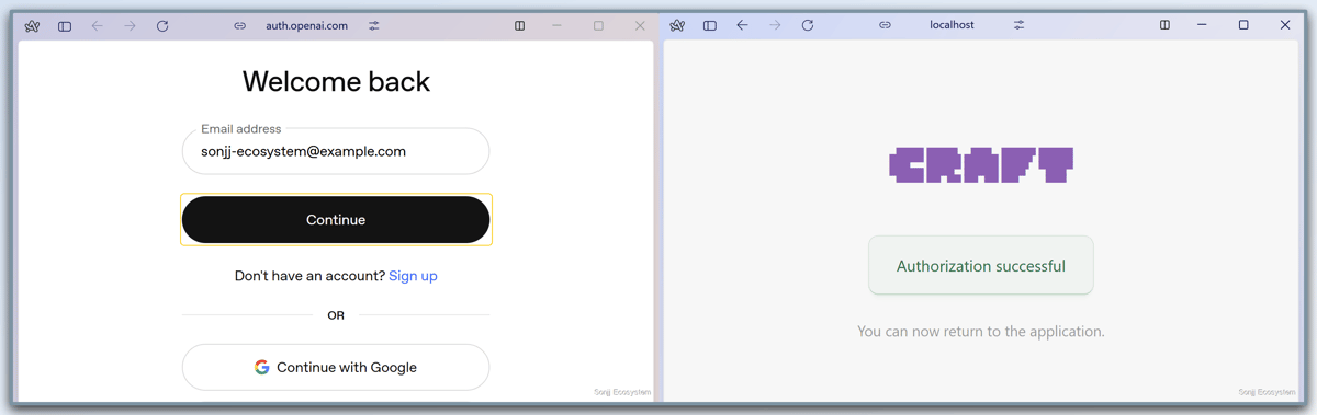Two side-by-side screens showing sign-in at auth.openai.com and an Authorization successful message after Craft Agents completes authentication