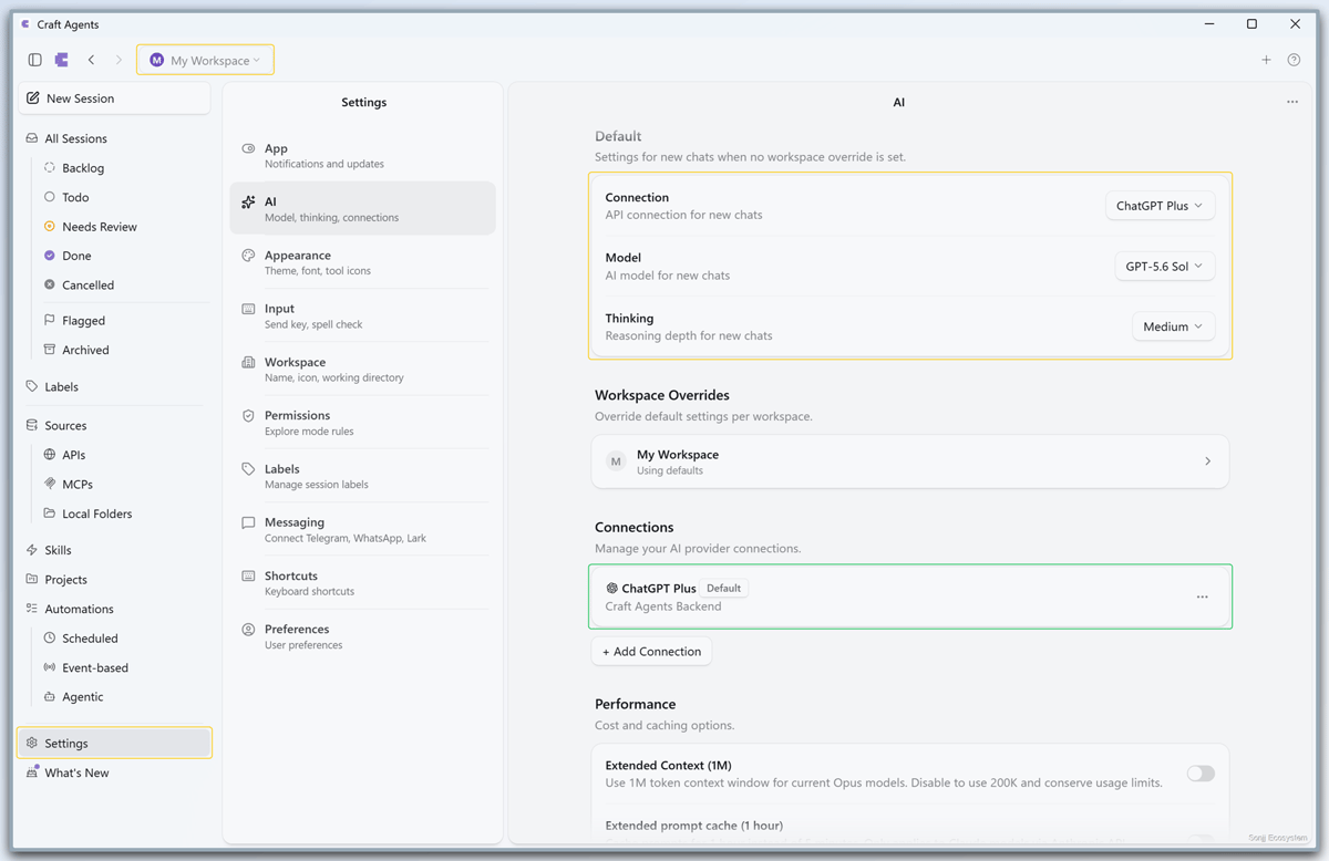 The Craft Agents AI settings screen with the current Workspace, Settings section, default configuration card, and ChatGPT Plus connection highlighted