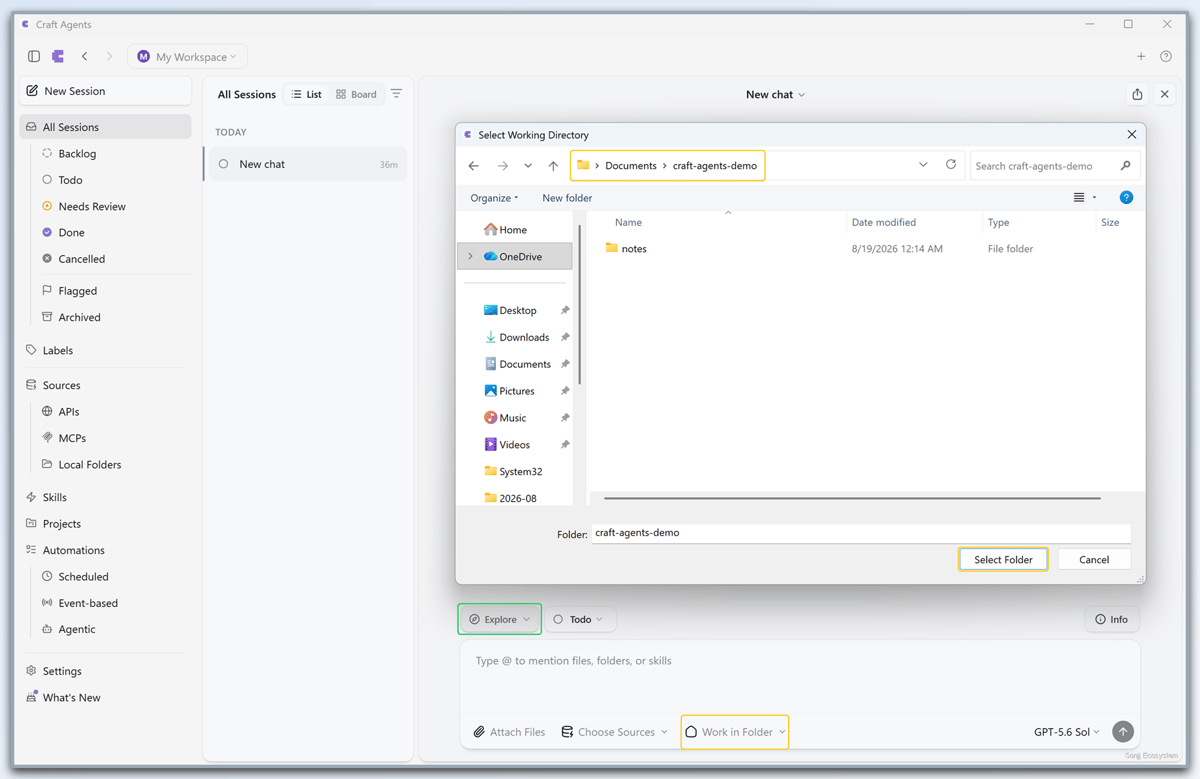 Selecting a working directory for the Session