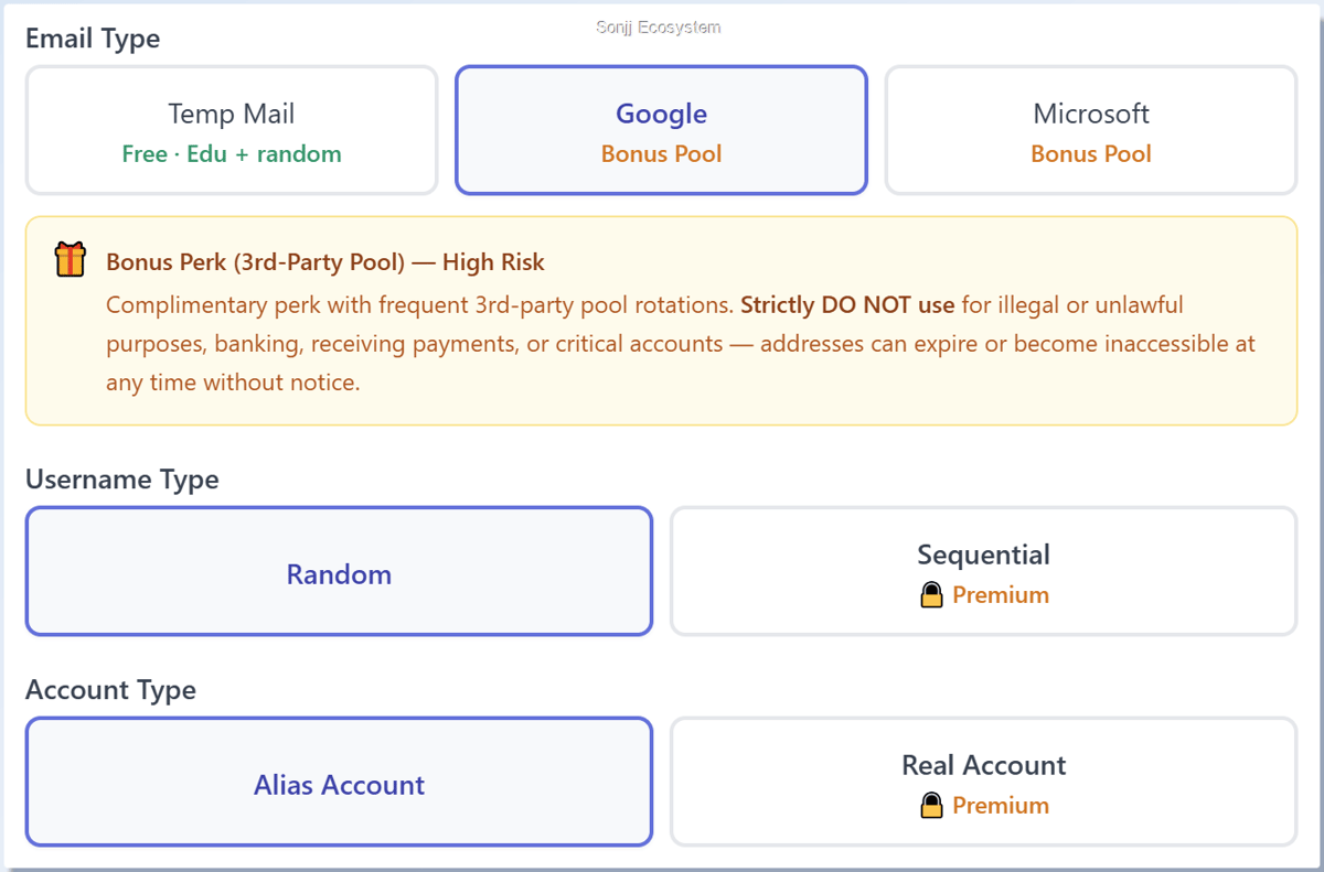 SmailPro receiving-option panel: Temp Mail, Google and Microsoft Bonus Pool tiles, a high-risk pool warning, Random or Premium Sequential username, Alias or Premium Real Account